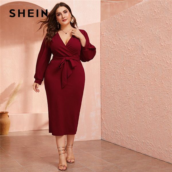 

shein plus size burgundy plunging neck wrap belted pencil long dress women autumn high waist fitted slit wrap party dresses, Black;pink