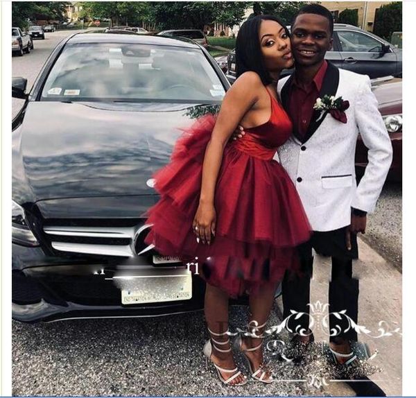 

burgundy short homecoming dresses ball gown spaghetti straps tiered skirt fashion style cocktail party dress backless african vestidos, Red