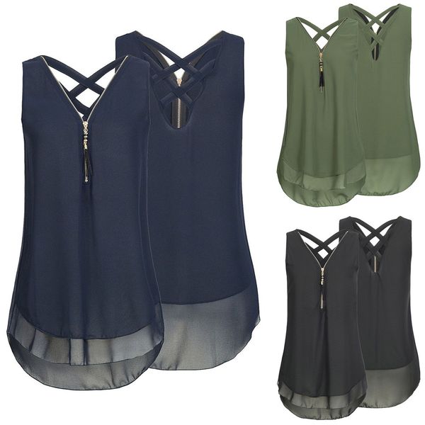 

plus size summer fashion woman v-neck zipper back cross irregular chiffon tank woman clothes, White