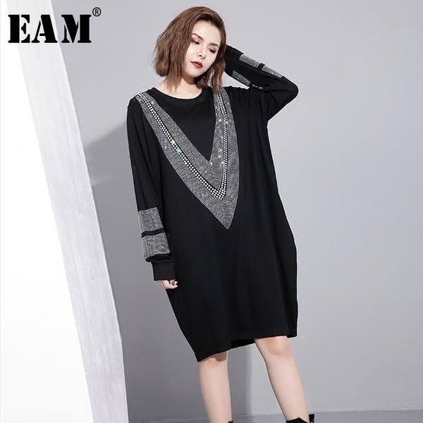 

eam] 2020 spring round neck long sleeve solid color black diamoned loose big size dress women fashion tide jc33201, Black;gray