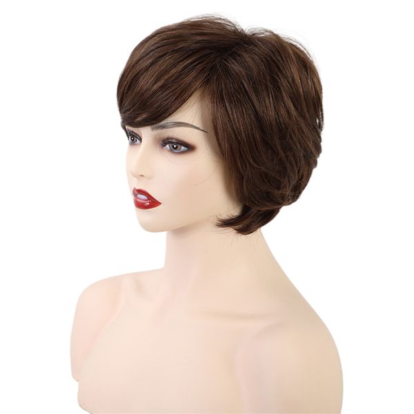 

8'' real human hair wigs side part cosplay costume natural brown wig, Black