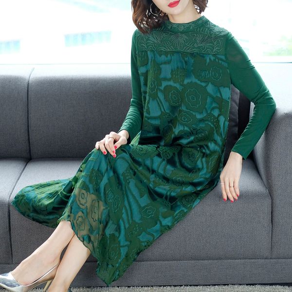 

new autumn chinese style embroidery silk dress plus size loose mesh dress elegant vestidos female, Black;gray