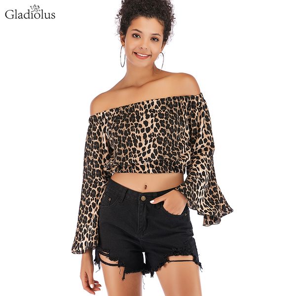 

gladiolus off shoulder spring autumn blouse women 2019 flare sleeve leopard print crop shirt women blouses ladies, White