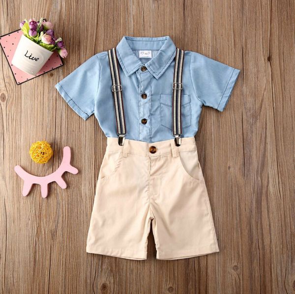 

gentleman formal outfits toddler baby kids boy clothes set short sleeve shirt strap shorts pants costume clothing 2pcs, White