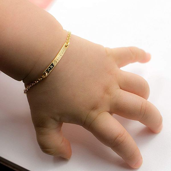 

4" chain baby name bar id bracelet gold hand stamp artisan bracelet personalized your name customized new born to children gift, Black