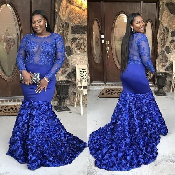 

royal blue mermaid plus size evening dresses for black girl 2019 long sleeve beaded applique rose floral train african formal prom gown