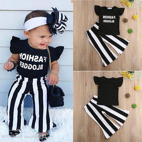 

girls letter t-shirt striped 2 girls clothes summer clothes piece virec trousers designer sets ruffle kids t-shirt trousers kids baby tnnck