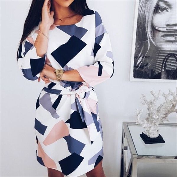 

осень женщина геометрия печатная подпоясанное платье 2018. 3/4 рукав платья пляжа повелительниц партия вскользь сыпучие туники платье для от, Black;gray