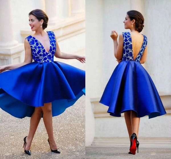 

royal blue lace appliques short prom party dress 2019 v neck satin knee length formal gowns tiered ruffles homecoming dresses cocktail, Black