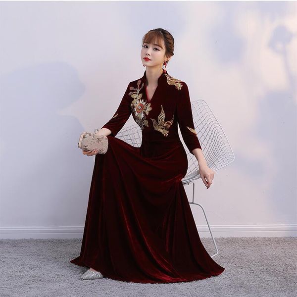 

oriental evening qipao elegant women embroidery wedding gown plus size 3xl long sleeve cheongsam, Red