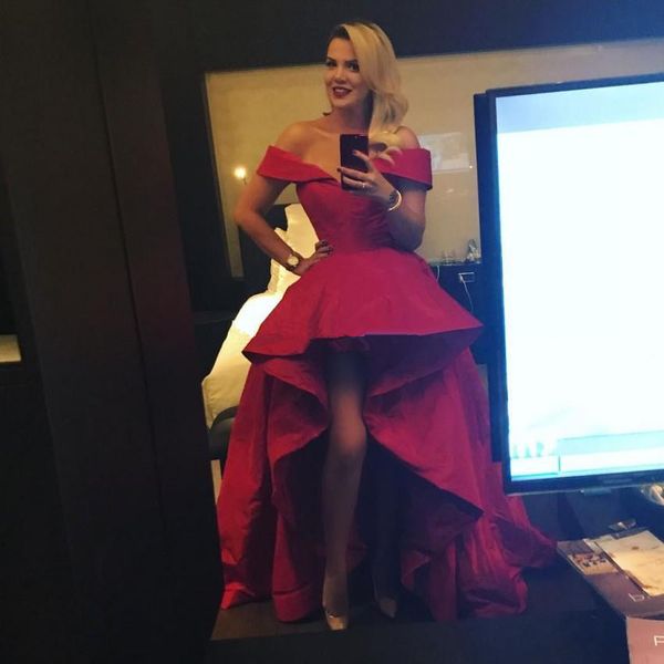 

red plus size high low evening dresses off shoulder satin tulle celebrity dresses custom made formal evening gowns party gown, Black;red