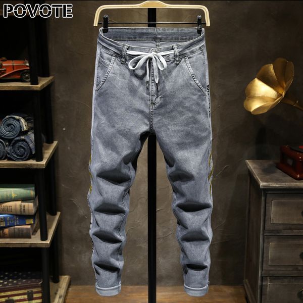 

povote spring and autumn men's elastic cotton jeans pants loose fit jeans pants men's brand fashion wear washed, Blue