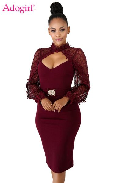 

adogirl plaid sequins lace sheer mesh patchwork bandage dress hollow out long sleeve bodycon midi evening party dress clubwear, Black;gray