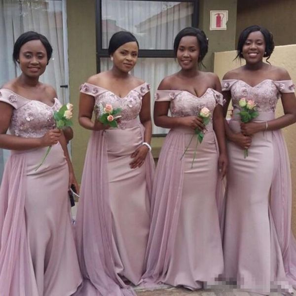 

elegant off shoulder bridesmaid dresses african lace appliqued sash mermaid wedding guest dress custom made maid of honor gowns b47, White;pink