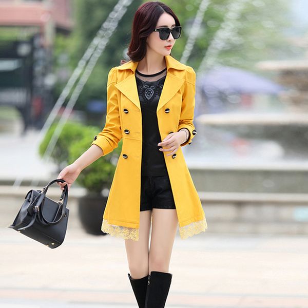 

2019 spring autumn new large size female coats windbreaker korean solid color fashion waist slim lace edge women jacket 3xl n731, Tan;black