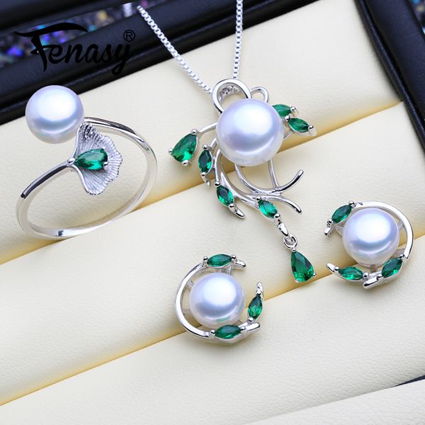 

fenasy 925 sterling silver emerald pearl jewelry sets natural stud earrings bohemian pendant necklaces women green stones ring, Black