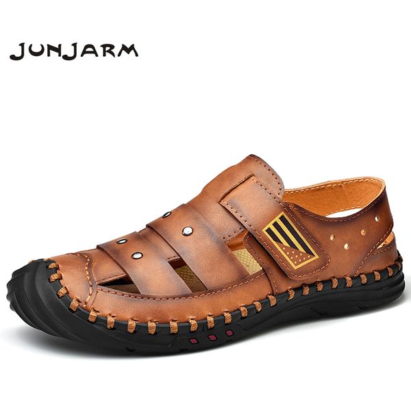 

junjarm 2020 new summer sandals men genuine leather casual shoes men outdoor beach sandals hollow summer shoes 38-48, Black