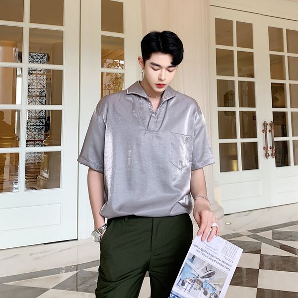 

men summer short sleeve loose casual solid pullover shirts male streetwear hip hop party dress shirt, White;black