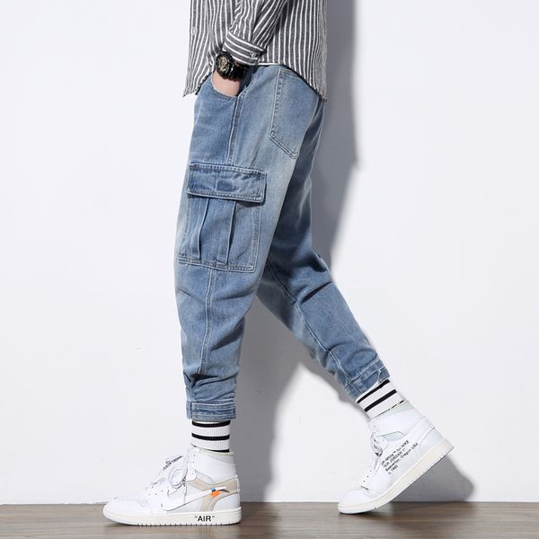 

men's jeans 2019 spring new port wind tooling large size -5xl beam feet loose nine points jeans slim feet youth men's clothing, Blue