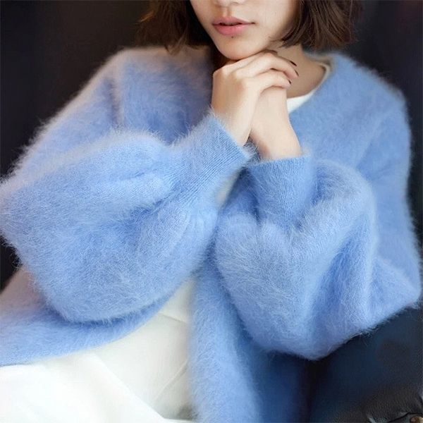 

blue winte women outerwear mink cashmere warm soft cardigan fashion blue open stitch lantern long sleeve wool loose thick knitted overcoat, Black;brown