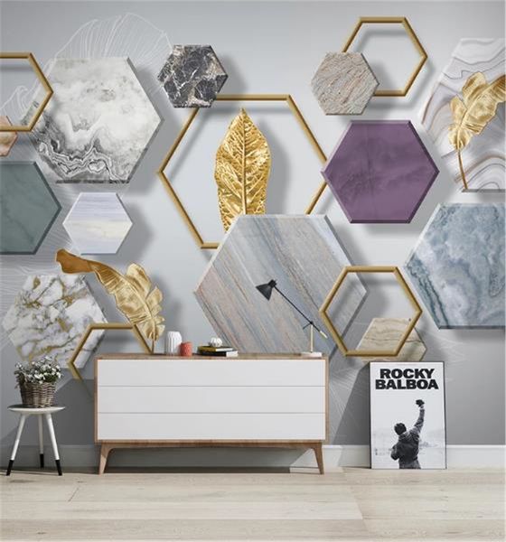 

wholesale p wallpaper space nordic modern simple stone three-dimensional geometric golden leaf tv background wall painting wallpaper