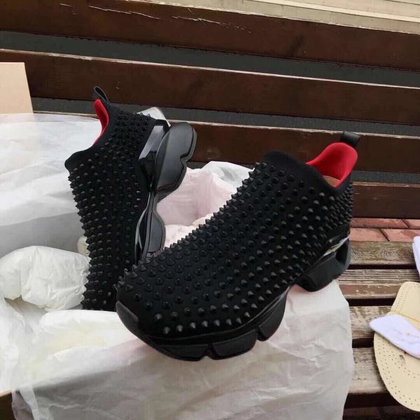 

мода luxury red bottom мужчины женщины повседневная обувь шипы заклепки rhinestone партии платья полуботинки кроссовки chaussures de sport 3, Black