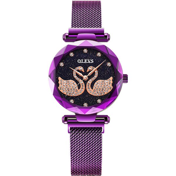 

women's fashion swan watch magnet purple milan mesh strap woman diamond watches tik tok girl couple dress wristwatch waterproof, Slivery;brown