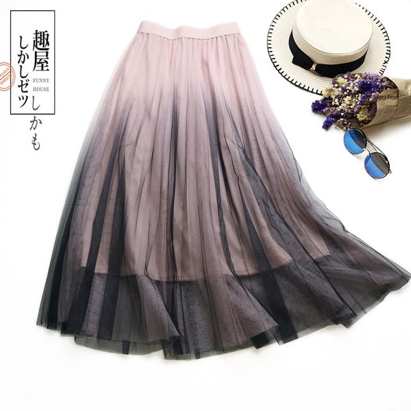 

gradual change colour skirts womens black gray white tulle skirt elastic high waist pleated midi skirt 2019