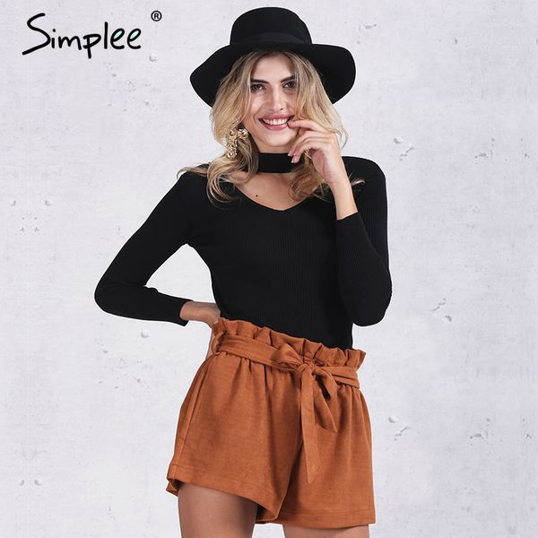 

women's sweaters simplee slim halter knitted sweater women autumn winter 2021 white v neck short pullover casual black jumper pull fem, White;black