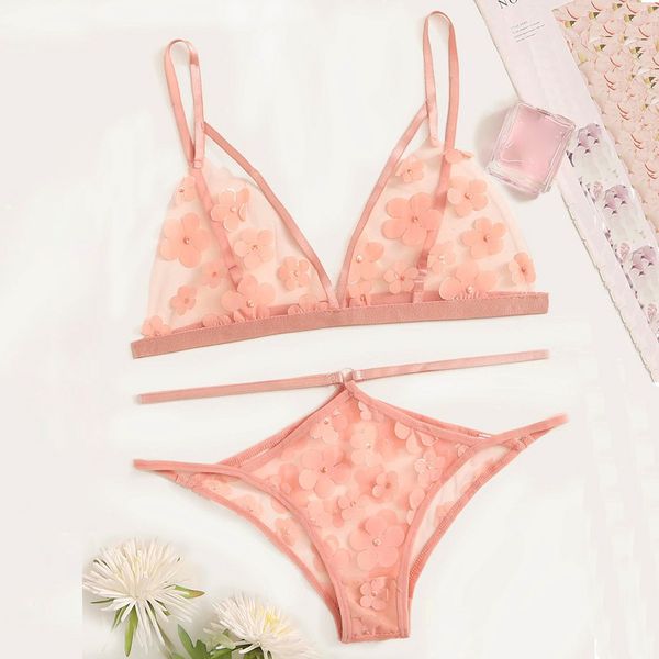 

new women lingerie cute flower applique sheer cut-out bra thong lingerie underwear set lenceria, Red;black