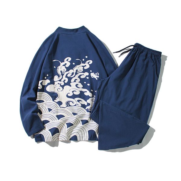 

retro chinese wind sea jiang ya printed long sleeve t-shirt trousers two-piece set of large size clothing chinese, Gray