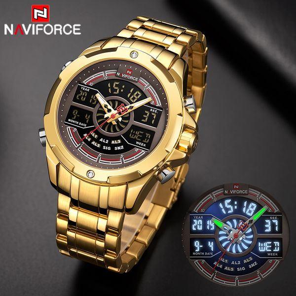 

новые naviforce часы мужские военные спортивные светодиодные цифровые кварцевые наручные часы дата 30m водонепроницаемый стальной ремень час, Slivery;brown