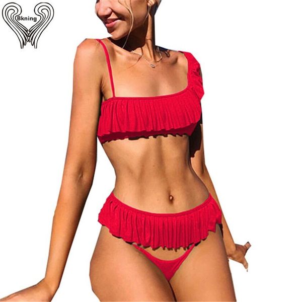 

bkning one shoulder ruffle bikini set women bikiny flounce swimsuit female bathing suits biquini retro swimming suit swimwear