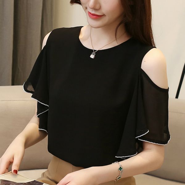 

blusas mujer de moda 2019 black chiffon blouse shirt short sleeve summer women shirt off shoulder women blouses b22, White