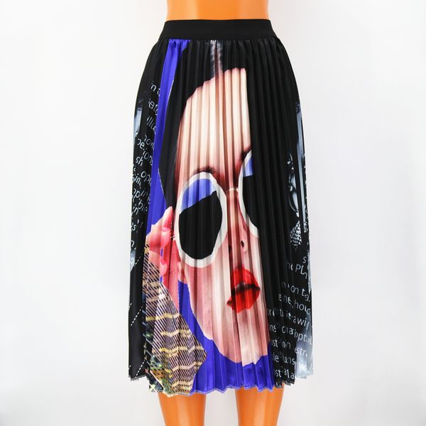 

2019 new summer patterns fashion cartoon character skirt waist skirt women elastic waist spring pleated long skirts female, Black