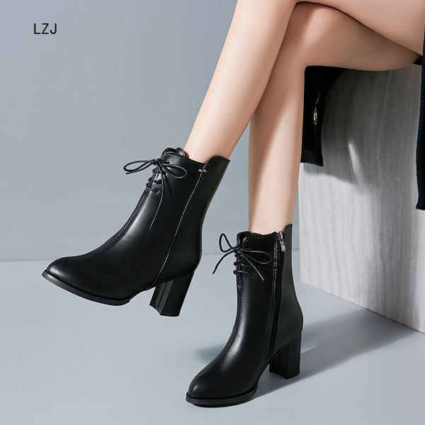 

lzj 2019 booties platform heels women ankle boots soft leather thick high heel platform boots winter autumn warm booties, Black