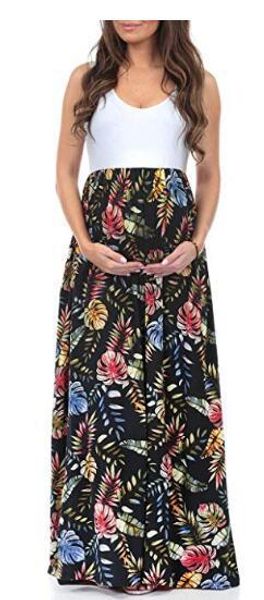 

2019 selling crew neck sleeveless joint printed maternity clothes long dress, Black;gray