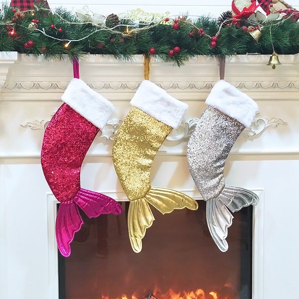 

mermaid tail sequin christmas stocking children christmas gift bag candy bags xmas tree ornament hanging pendant socks christmas decoration
