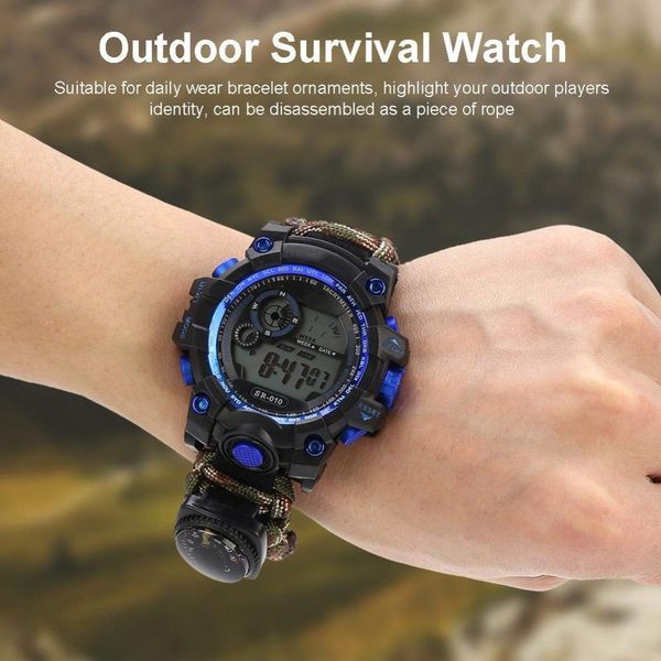 

qmxd men's sports waterproof luminous watch thermometer compass whistle field survival braided bracelet electronic smart watch, Slivery;brown