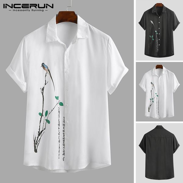

men's casual shirts men printed vintage shirt short sleeve breathable turn down collar summer vacation camisa streetwear blouse incerun, White;black