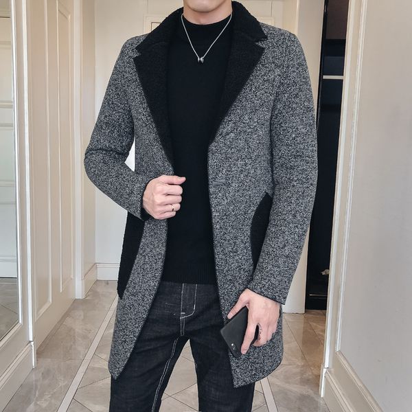 

2019 winter new high-end men's fashion stitching lapel coat plus velvet thick tide jacket slim handsome male jacket, Black