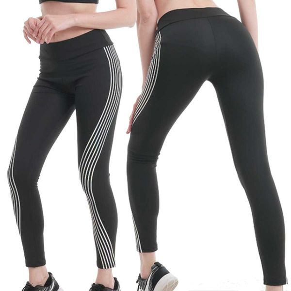 

women high waist creative reflective stripes workout yoga sports pants ballet tights gymnastics running leggings dancewear, Black;red