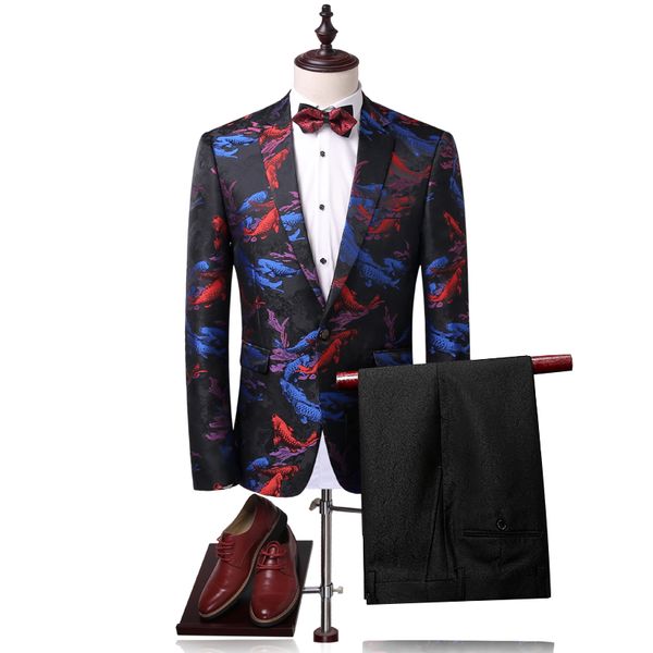 

slim design long sleeve men flower jacket with black pants asian size s - 4xl men two piece set, White;black