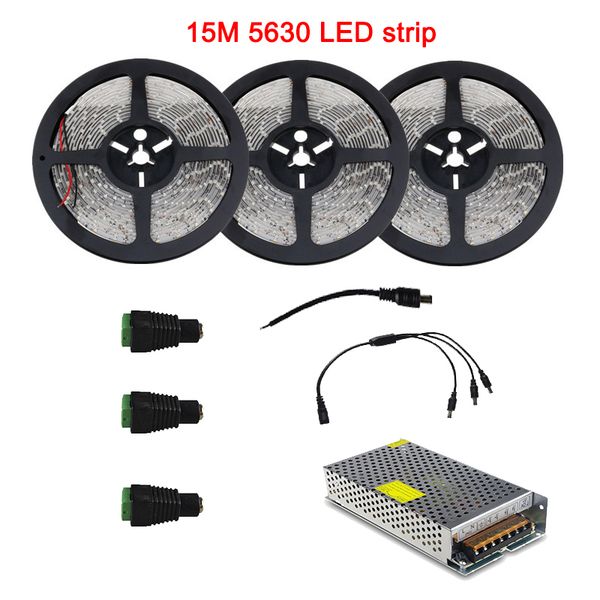 

15m 5630 5730 smd led strip waterproof flexible diode tape cold white warm white + dc12v 10a power supply full set for garland