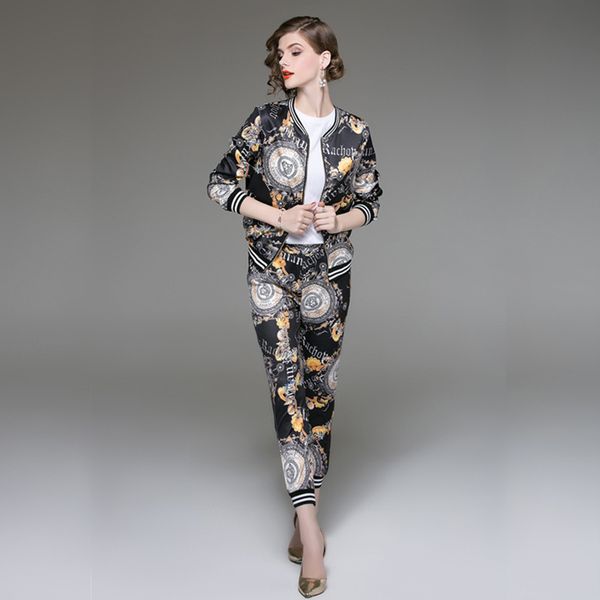 

2018 autumn women fashion women two piece outfits print and feet pants suit two piece set and pants korean, Gray