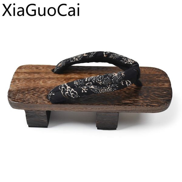 

japanese style summer men's clog sandals shoes flower two-tooth gentleman wood slippers cosplay men's bench flip-flops, Black