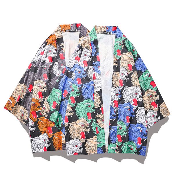 

men casual vintage kimono cardigan male's 2019 summer leopard head print loose shirt wild harajuku blouse streetwear camisa, White;black