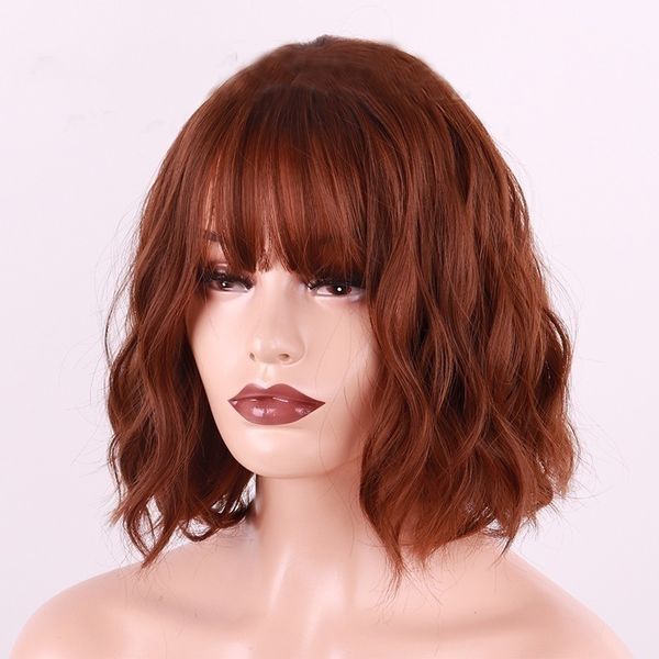 

synthetic wigs linghang short wavy wig with bangs for women natural brown black hair ombre blue bob heat resistant fiber
