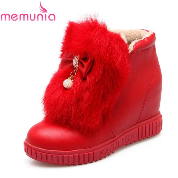 

memunia new arrival 2018 winter boots women round toe with butterfly knot ankle boots fur ladies shoes 8cm high heels size 33-43, Black