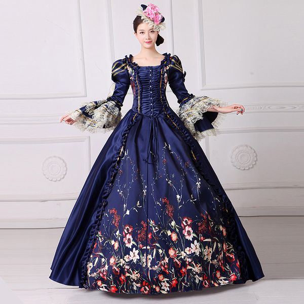 

navy blue court costume long puff sleeve evening ball gowns for women abendkleider royal stage dress gown print flower, White;black